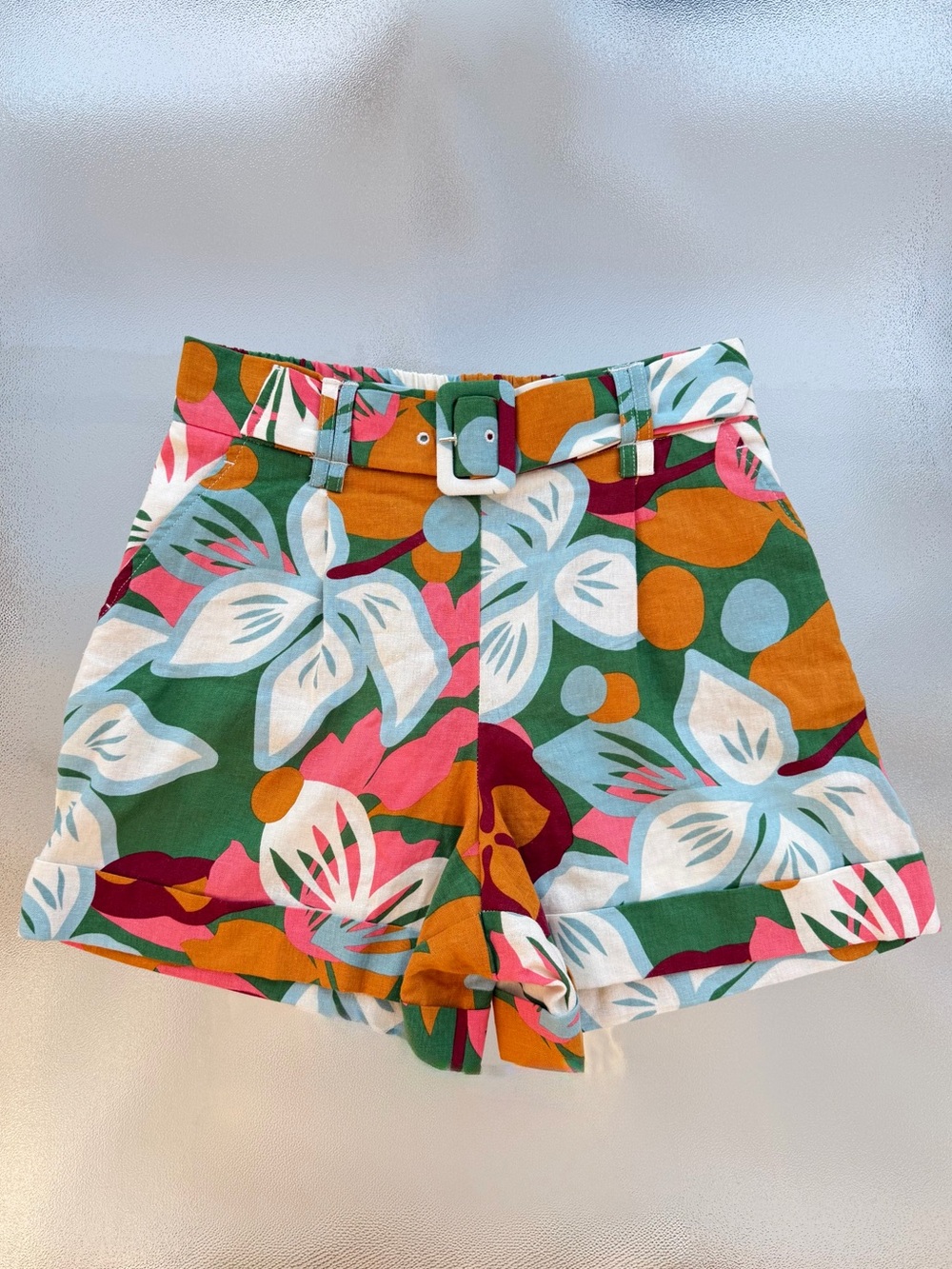 Maison d’Amelie Paris Tropical Floral Linen Blend Belted High Waisted Shorts ~ 6